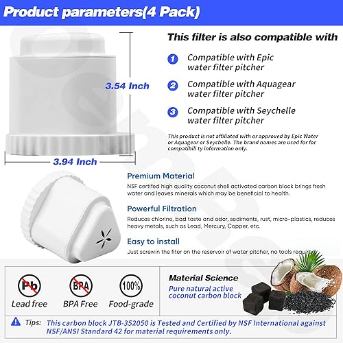 Miniatura 7 de Paquete de 2 filtros de repuesto para jarra de filtro de agua EPIC jarra de filtro de agua compatible con Aquagear Seychelle libre de BPA Elimina