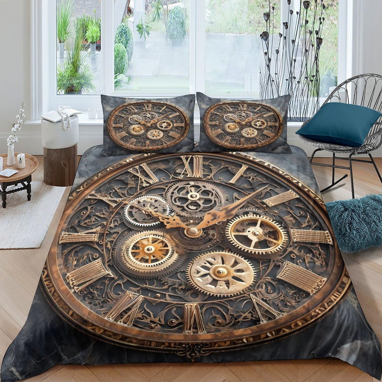 Ctjqhvkz Style-1 3D Printed Steampunk Gear Clock Fitted Sheet Microfiber Anti-Slip Washable Vintage Mechanical Bed Cover For Bedroom Guest Room Decor Single（135X200cm）