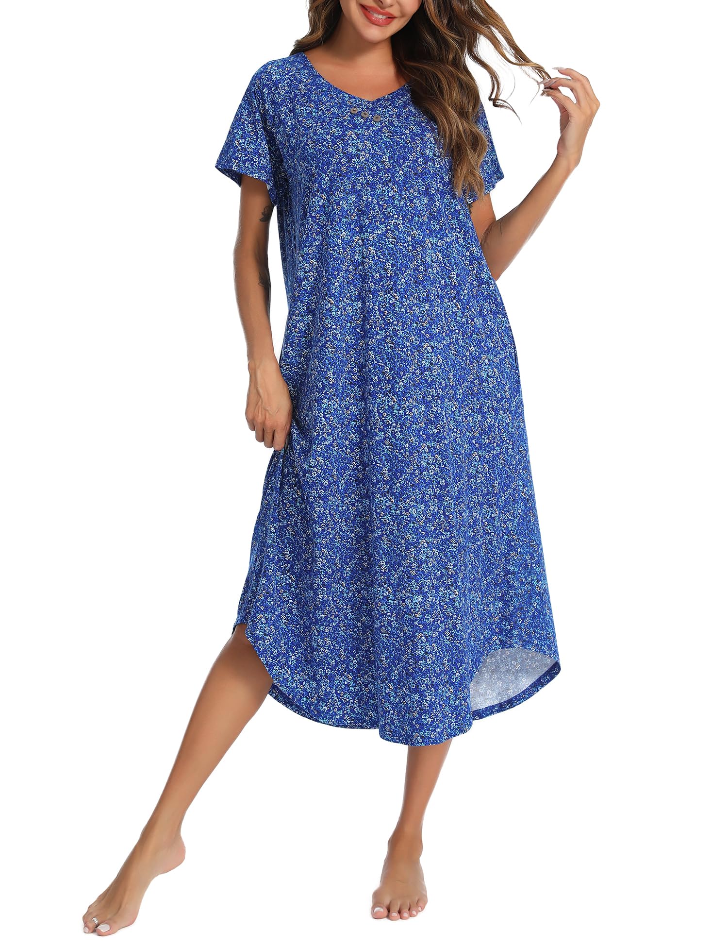 YOZLY Nightgowns for Women Short Sleeve Long Night Gowns Soft V Neck Sleepwear with Pockets