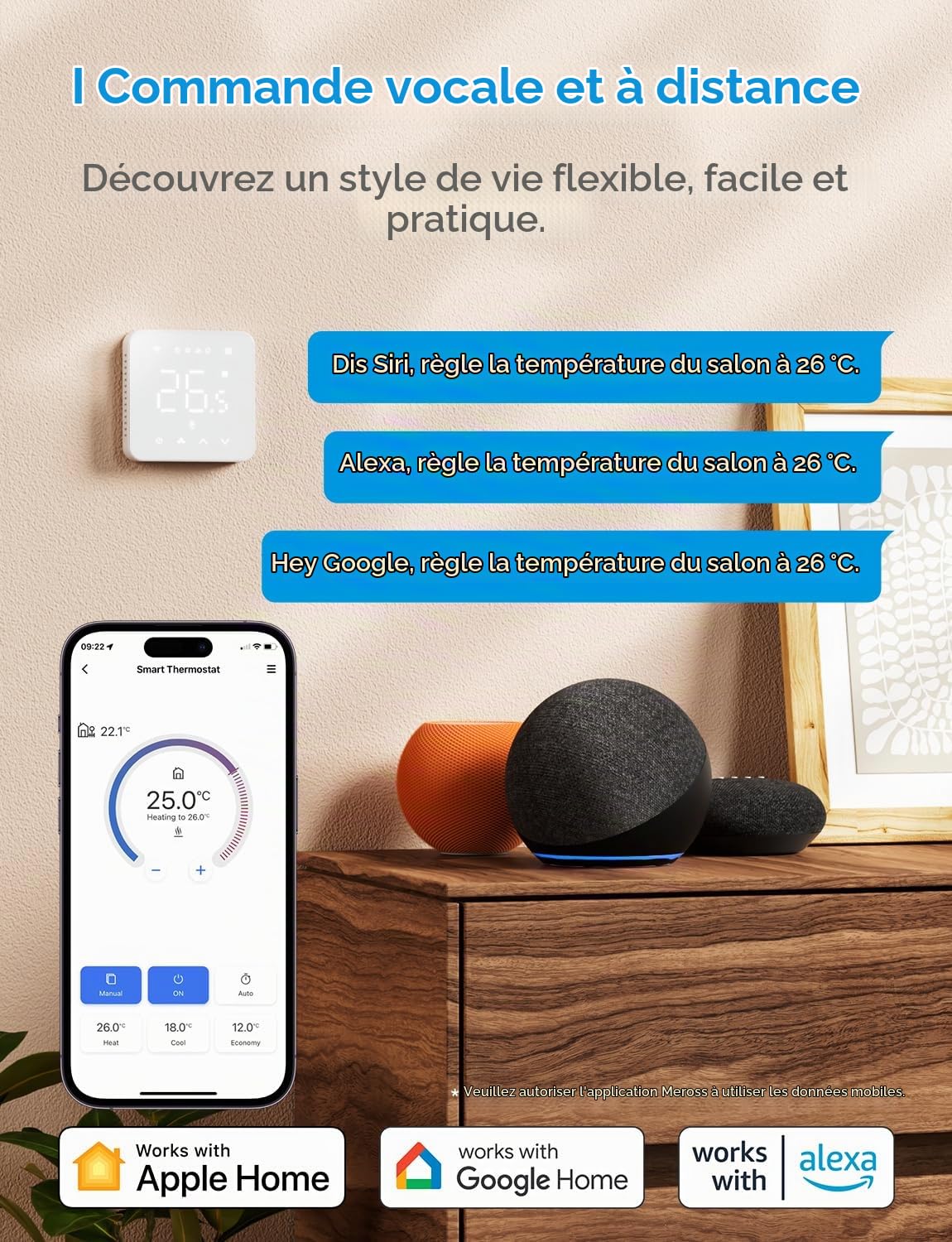 Meross Thermostat Connecté WiFi Mural pour Chaudière et Chauffage au Sol | Thermostat Intelligent Compatible avec HomeKit, Alexa et Google Home, Commande Vocale et Contrôle à Distance via Application