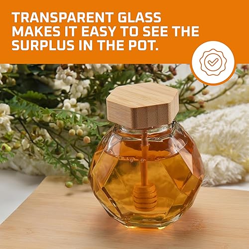 Miniatura 6 de Bruntmor Recipiente de tarro de miel de vidrio – Maceta pequeña de miel con dispensador de juego de cucharas – Vaso de cristal premium para