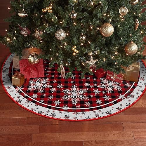 Miniatura 5 de AVOIN colorlife Falda de árbol de Navidad con copos de nieve a cuadros de búfalo de 48 pulgadas, decoración de árbol de vacaciones de