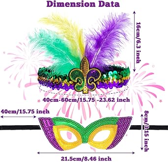 SUMERSHA 3pcs Mardi Gras Costume Accessory Set, Women's Sequins Tassel Wrap Skirt, Feather Headband, Sequin Mask for Carnival Halloween Party