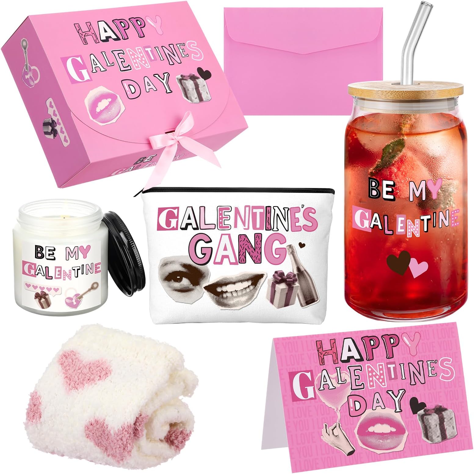8 Pcs/1 Set Galentine's Day Gift Set Include 17 oz Galentine Glass Cup Makeup Bag Socks Rose Scented Candle Greeting Card Envelope with Box Valentine Friendship Gifts for Women Female Sister