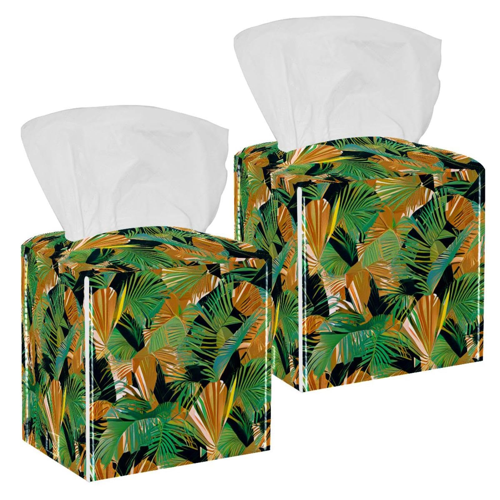 Tropical Palm Tissue Box Cover, 2 Pack PU Leather Square Facial Tissue Dispenser Box holder for Home Office Car