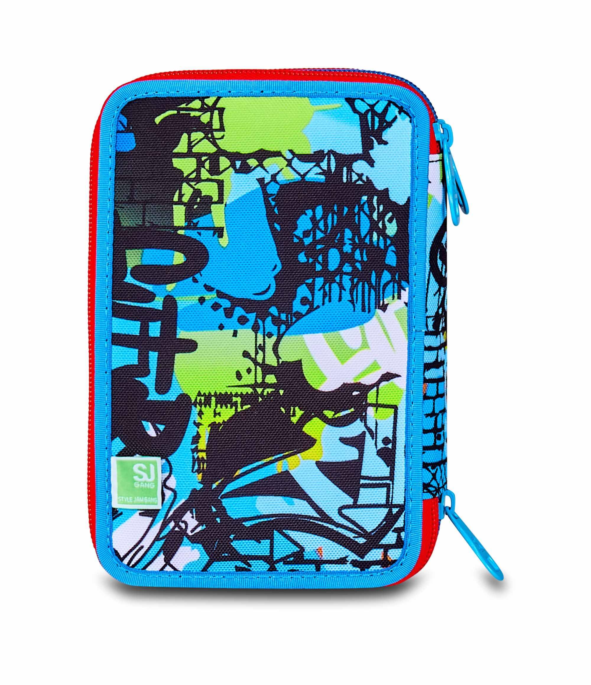 SJ GANG STYLE JAM GANG Astuccio Scuola 3 Zip,Blu, Portapenne Triplo Scomparto Completo Di Penne, Matite, Colori, Accessori Zaino, Scuola Elementare, Bambino