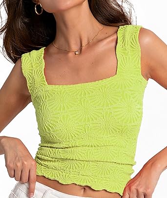 Women's Square Neck Wide Strap Crop Tank Tops Flower Going Out Tops Slim Fit Lettuce Trim Crop Cami Tops