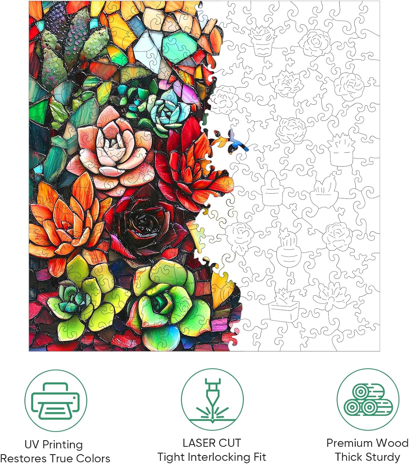 Mocfesk Wooden Puzzles for Adults, Stained Glass Succulent Puzzles 500 Pieces, Unique Shaped Jigsaw Puzzles for Adults and Kids, Birthday Gifts Fun Challenge Family Game 16.5'' x 16.5''