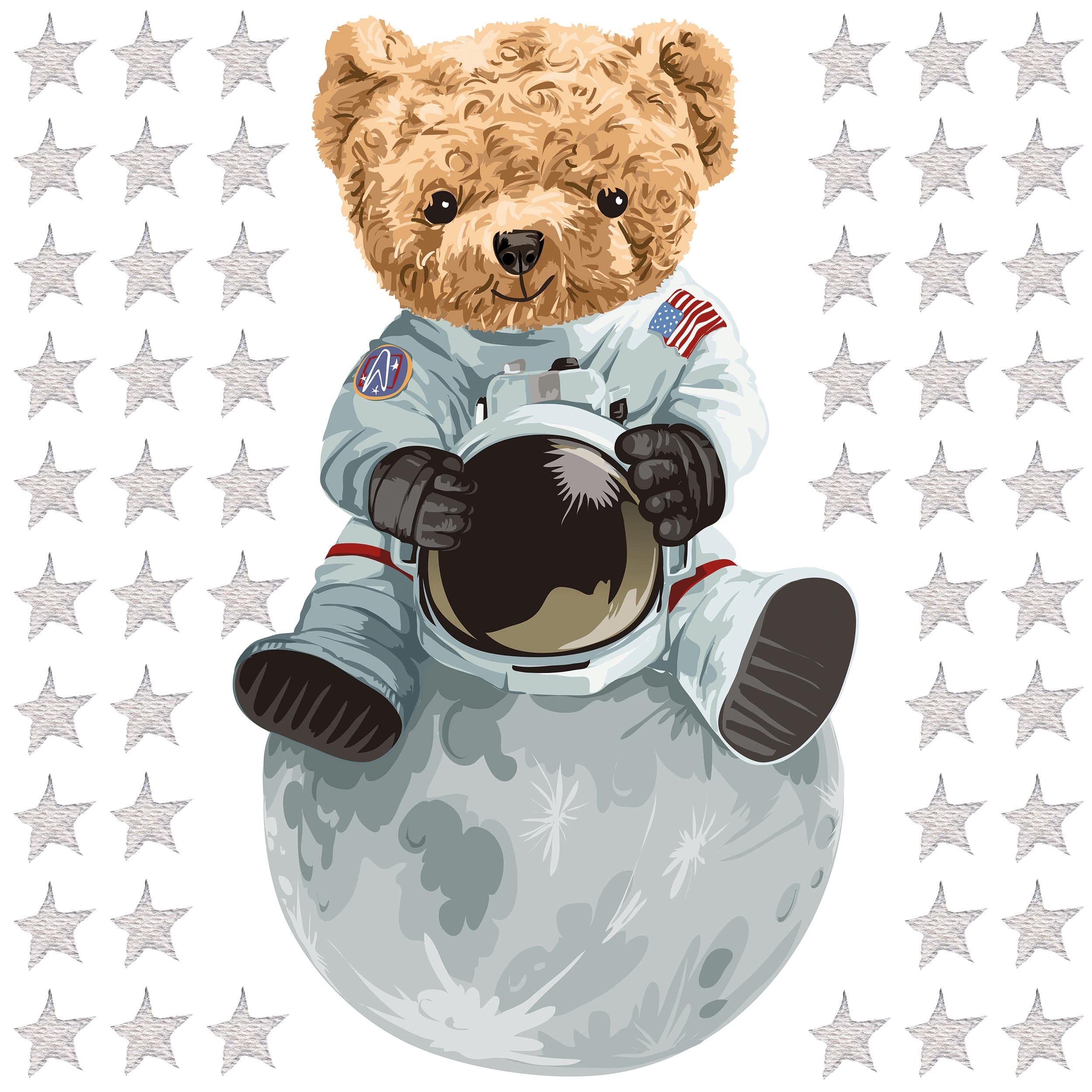 WANDKIND Astronaut Bär Wandtattoo V326 | handgezeichnet | AUFKLEBER Kindergarten | Wandsticker Kinderzimmer Deko Teddybär auf dem Mond Teddy (120 x 120 cm)