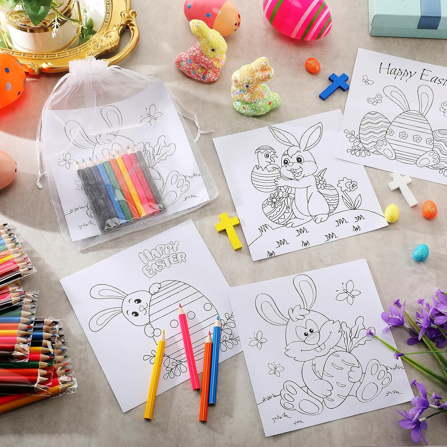 Spakon 20 Sets Easter Activity 20 Pcs Easter Coloring Page with 20 Pack Coloring Pencils and Organza Bags Egg Basket Stuffer Gifts Activity DIY Party Favors