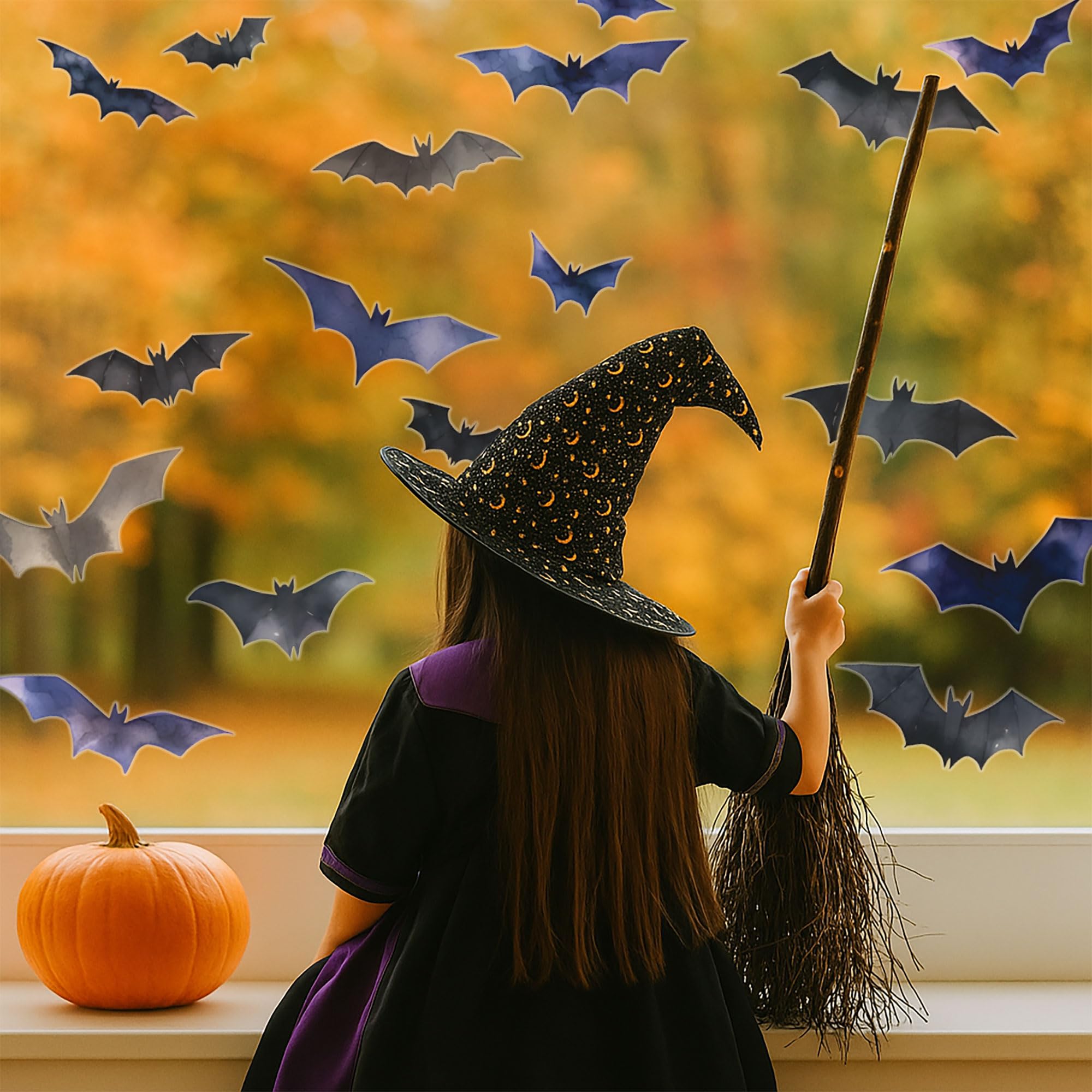 Stickerscape Dark Scary Bat Halloween Window Stickers – Made In The Uk – 17 Reusable Low-Tack Bat Decals – Removable & Repositionable