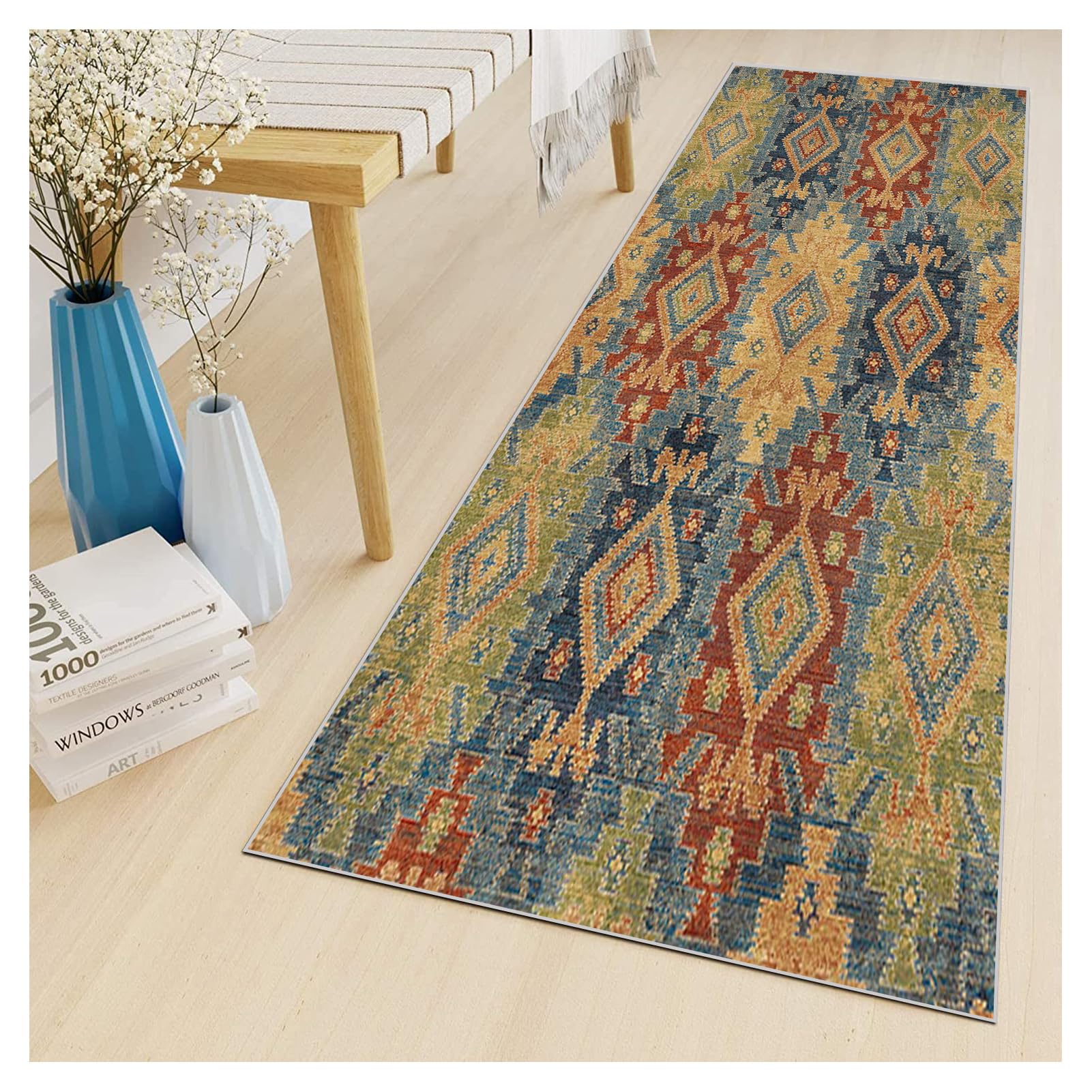 Tapis de Passage Long Personnalisable 90x300cm Marron - Tapis Cuisine Lavable Antidérapant Style Retro, Motifs Médaillon pour Couloir/Chambre, Microfibre Absorbante au Mètre Modulable