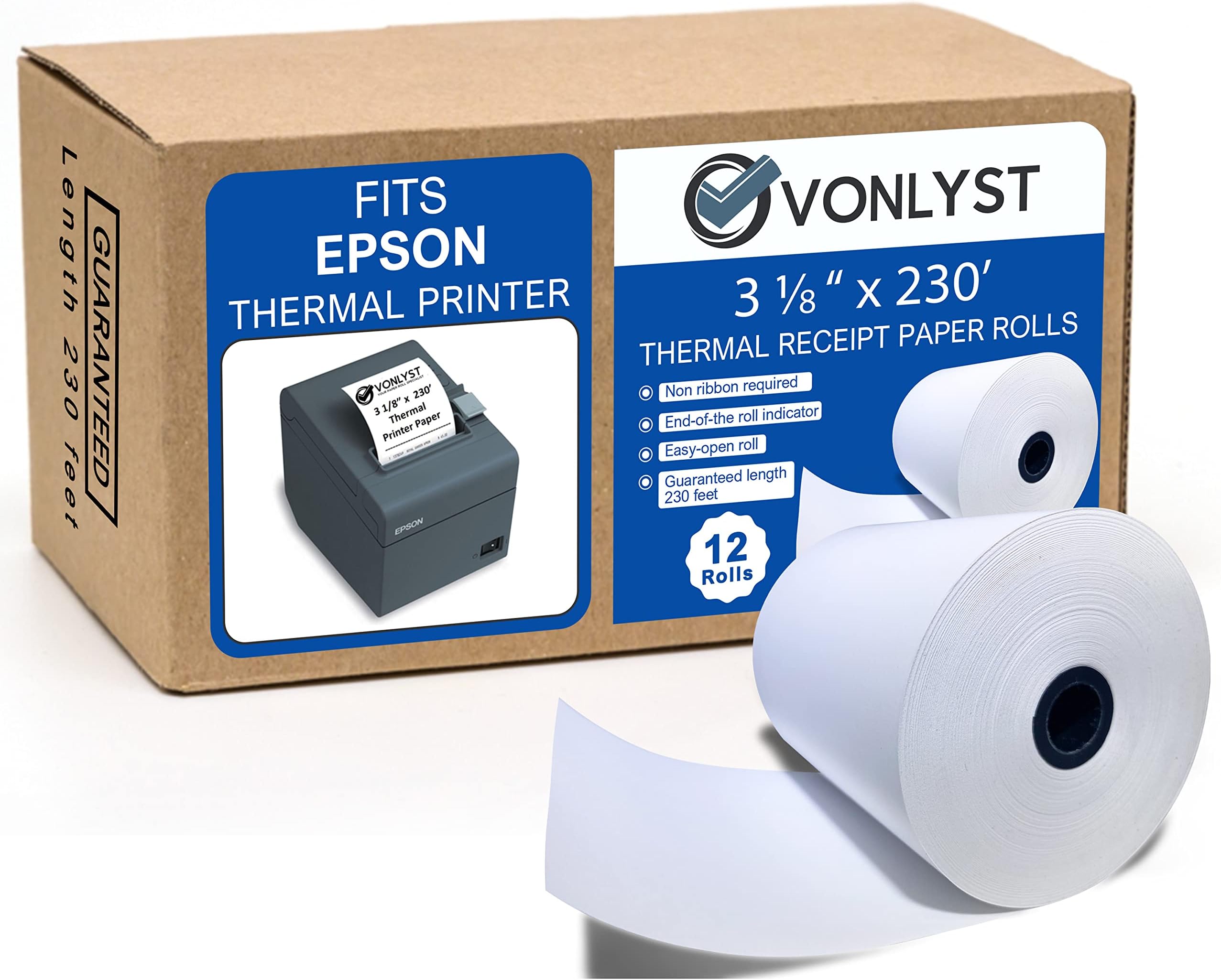 3 1/8 x 230 Thermal POS Rolls for Epson Printers, BPA Free Thermal Printing Compatible with TM-T88 TM-T70 TM-T80 TM-T85 TM-H6000 T90 Series, Credit Card Machine & POS Printer Supplies, Pack of 12