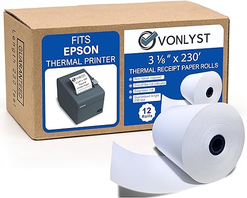 Rollo de recibo de papel térmico de 3 18 x 230 para impresora Epson (paquete de 12 rollos)