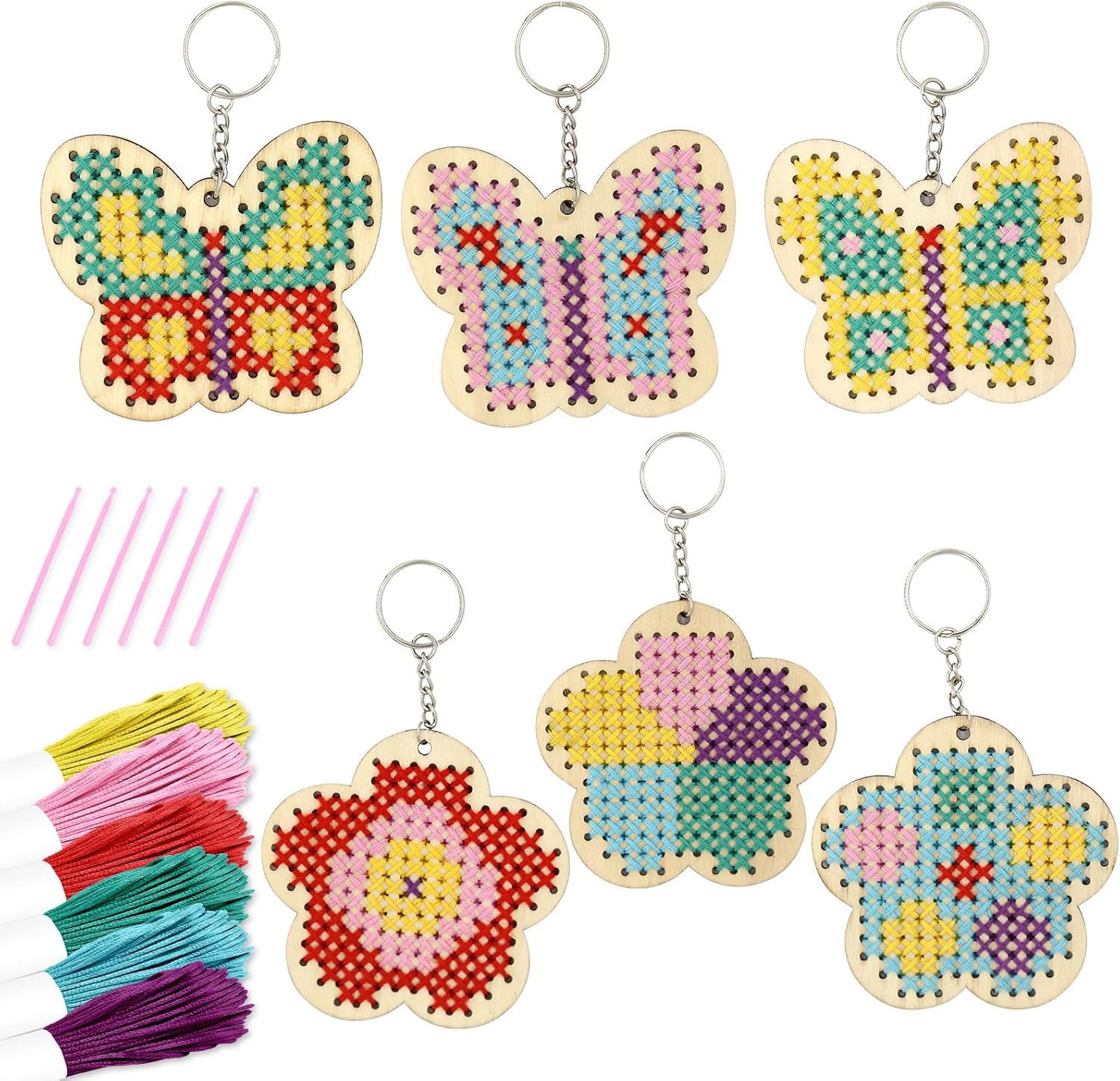 VKPI Wooden Cross Stitch Kits for Kids, Make Your Own 6 Cross Stitching Keyrings, Wood Sewing Kit, Arts & Crafts Stars, Hearts Ornaments, Plastic Needle Embroidery Kit for Beginners, Girls, 6-13