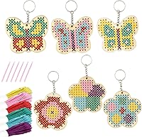 Vista 8 de Kits de punto de cruz de madera VKPI para niños, haz tus propios 6 llaveros de punto de cruz, kit de costura de madera, estrellas de manualidades