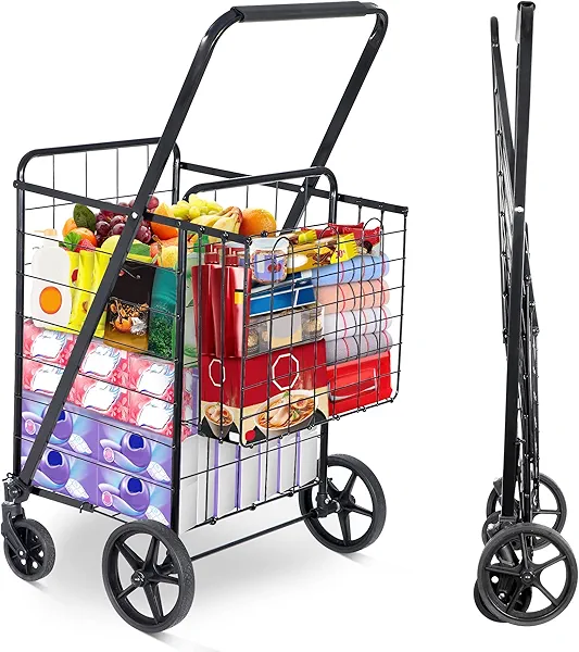 Saicool Foldable Shopping Utility Cart Compact Portable Grocery Cart w Whees Double Baskets, Wagons Carts Foldablefor Laundry Shopping Pantry Garage, Up to 97LB