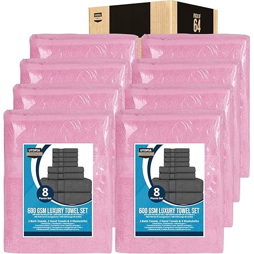 Utopia Towels Set, 16 Bath Towels, 16 Hand Towels, and 32 Washcloths, 600 GSM Ring Spun Cotton Highly Absorbent Towels for Bathroom, Shower Towel, (Pack of 64) (Pink)