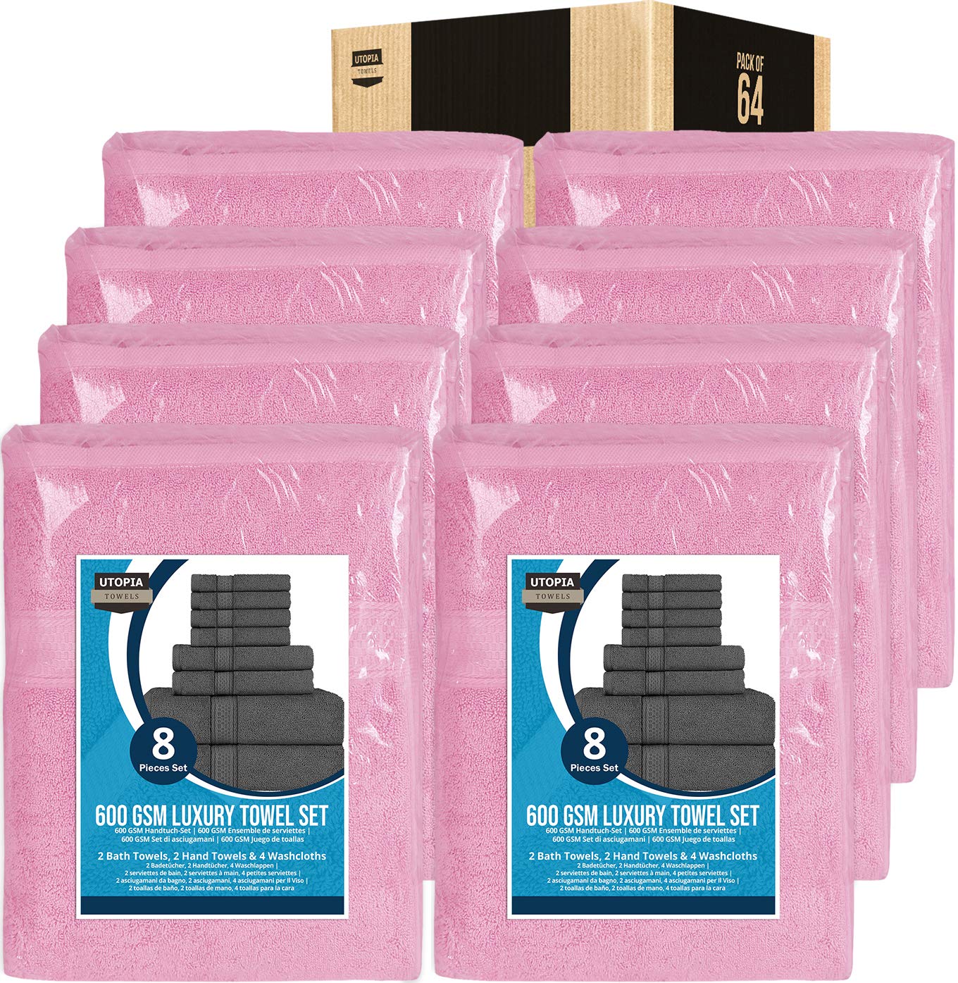 Utopia Towels 64 Piece Towel Set - 16 Bath Towels, 16 Hand Towels and 32 Washcloths Cotton Hotel Quality Super Soft and Highly Absorbent (Pink)
