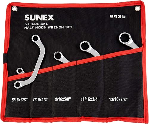 Sunex Tools 9935 SAE - Juego de llaves de media luna, 5/16 x 3/8 pulgadas - 13/16 x 7/8 pulgadas, totalmente pulido, 5 piezas (incluye caja de rollo)
