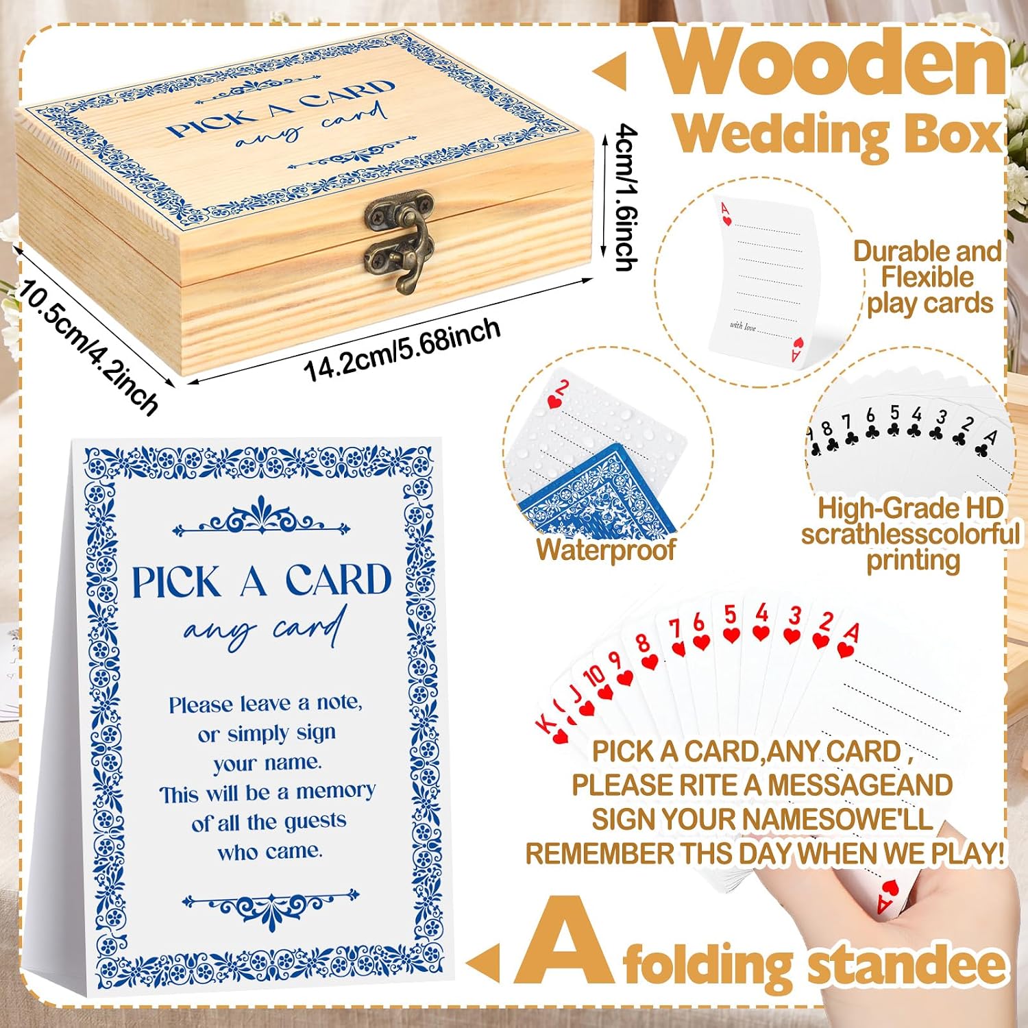 AceOrbit 57 Pack Blue Wedding Guest Book Playing Cards Set with Wooden Box | Navy Blue Wedding Signing Guestbook Alternative Personalized Blank Deck of Cards for Guest Reception Vegas Bridal Shower Game