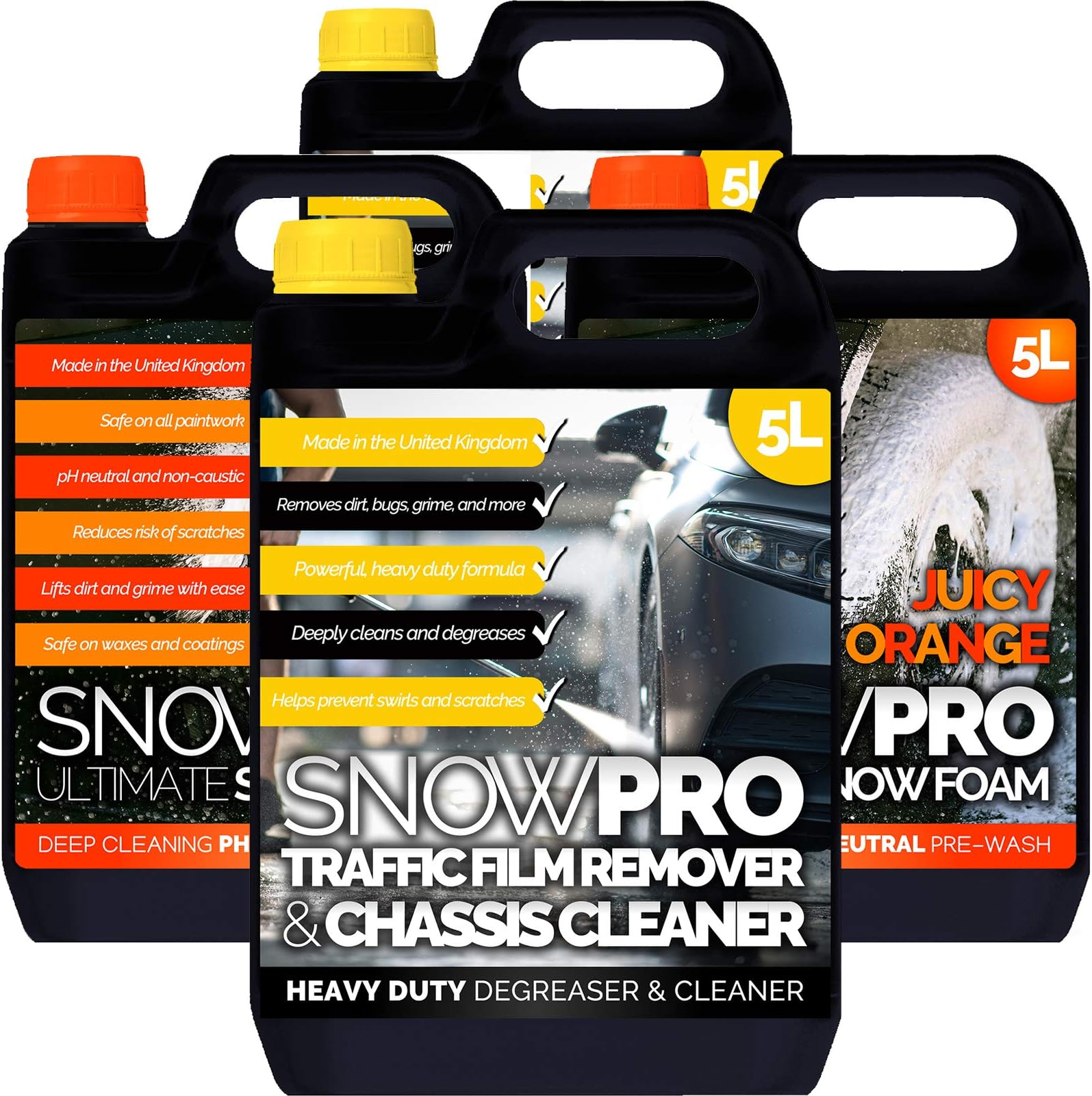 SnowProTraffic Film Remover Chassis Cleaner 10L and Orange Snow Foam 10L – Removes Dirt, Grime, Grease, Oil and Bugs - Multi-Vehicle For Use on Cars, Trucks, Vans, Motorbikes & More