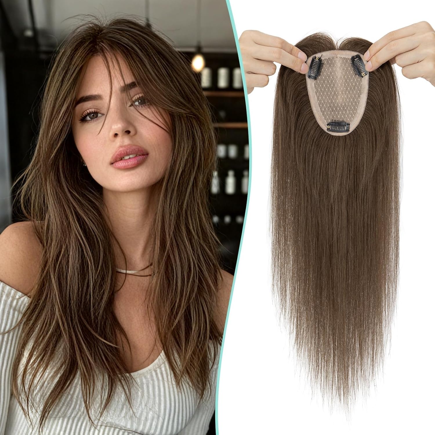 Benehair Hair Toppers for Women Real Human Hair, 9 * 12CM Silk Base Hairpieces 150% Density for Thinning Hair Dark Brown 16 Inch