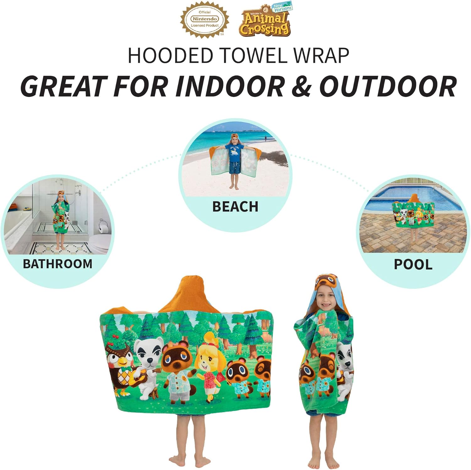 Franco Kids Bath and Beach Cotton Terry Hooded Towel Wrap, 24 in x 50 in, Animal Crossing
