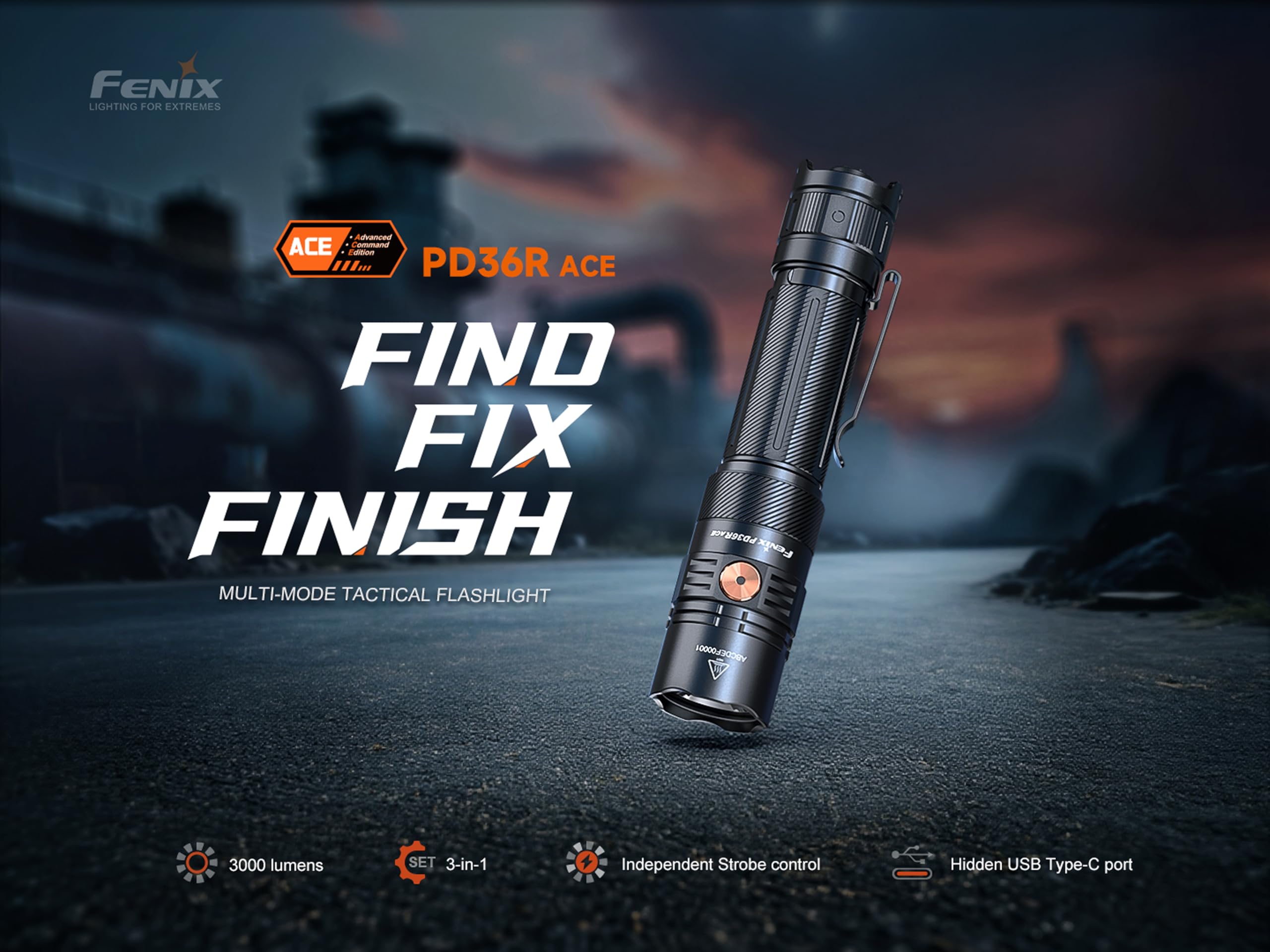 Fenix PD36R ACE - Linterna de seguridad compacta recargable | 3000 lúmenes | 415 m | 63 horas + máximo | Función de ajuste - Perfiles seleccionables, cubierta de puerto USB giratoria | IP68