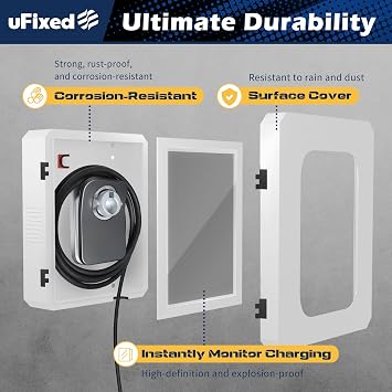 Outdoor EV Charger Enclosure Wall Box with Lock, Tesla & Chargepiont Charger Lock Box with Holder | Weatherproof, Visible, Easy to Install, White
