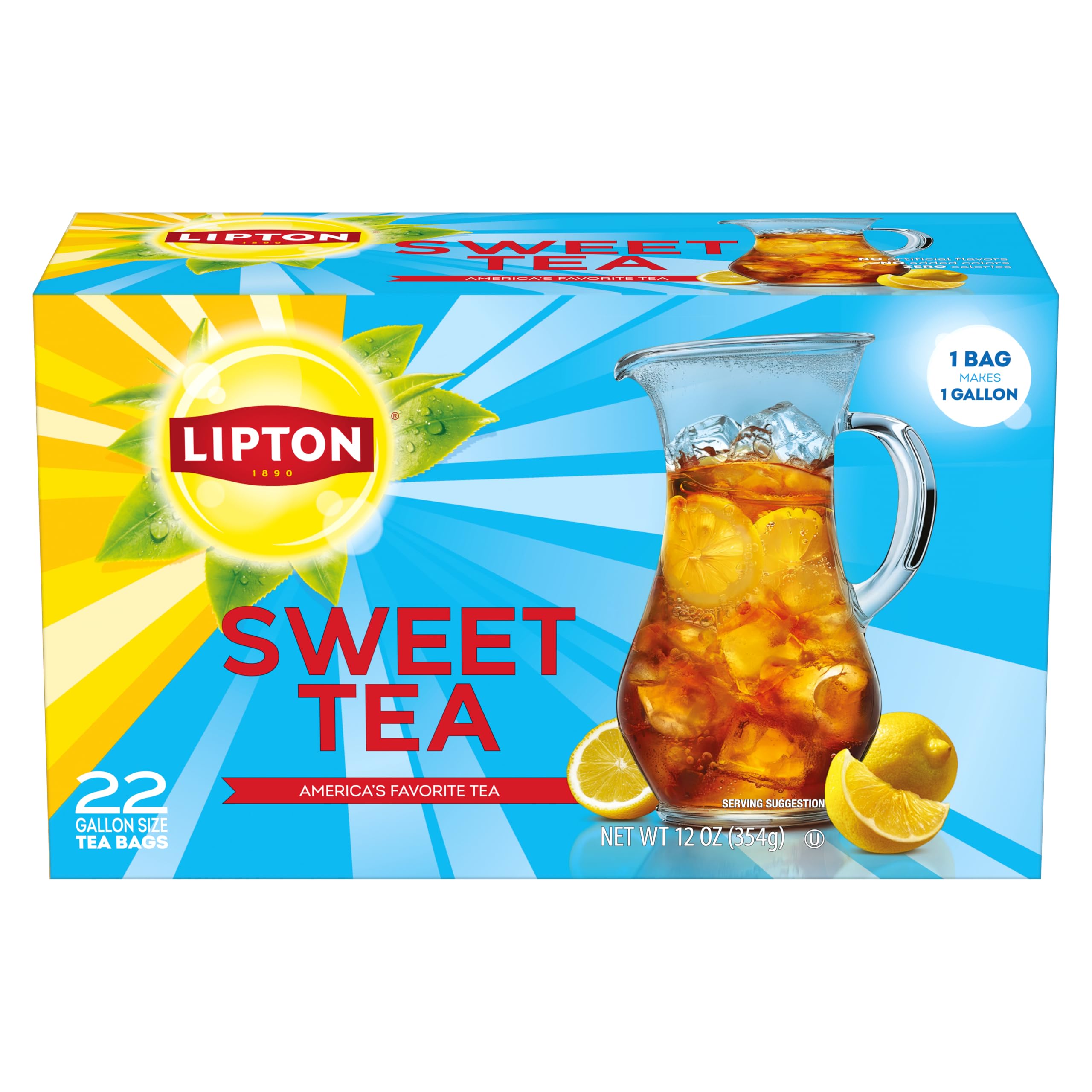Lipton Southern Sweet Black Tea Bags Gallon Size 22-Count Zero Calories Rainforest Alliance Certified Iced Tea for Hot Brew Cold Drink Family Size Bulk Tea Beverage