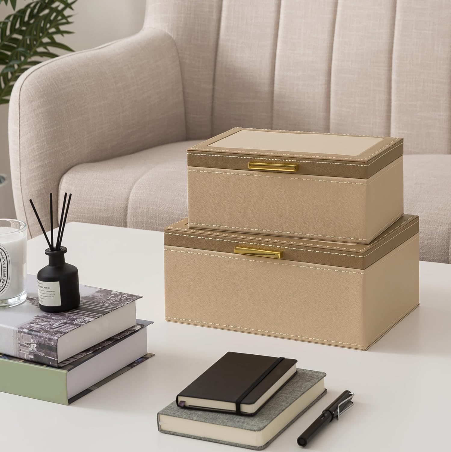 Soul & Lane Faux Leather Decorative Boxes with Lids and Gold Hardware for Home Decor, Set of 2 Stacking Hinged Boxes for Coffee Table and Living Room Shelves, Remote Control Holder, Two-tone Sand