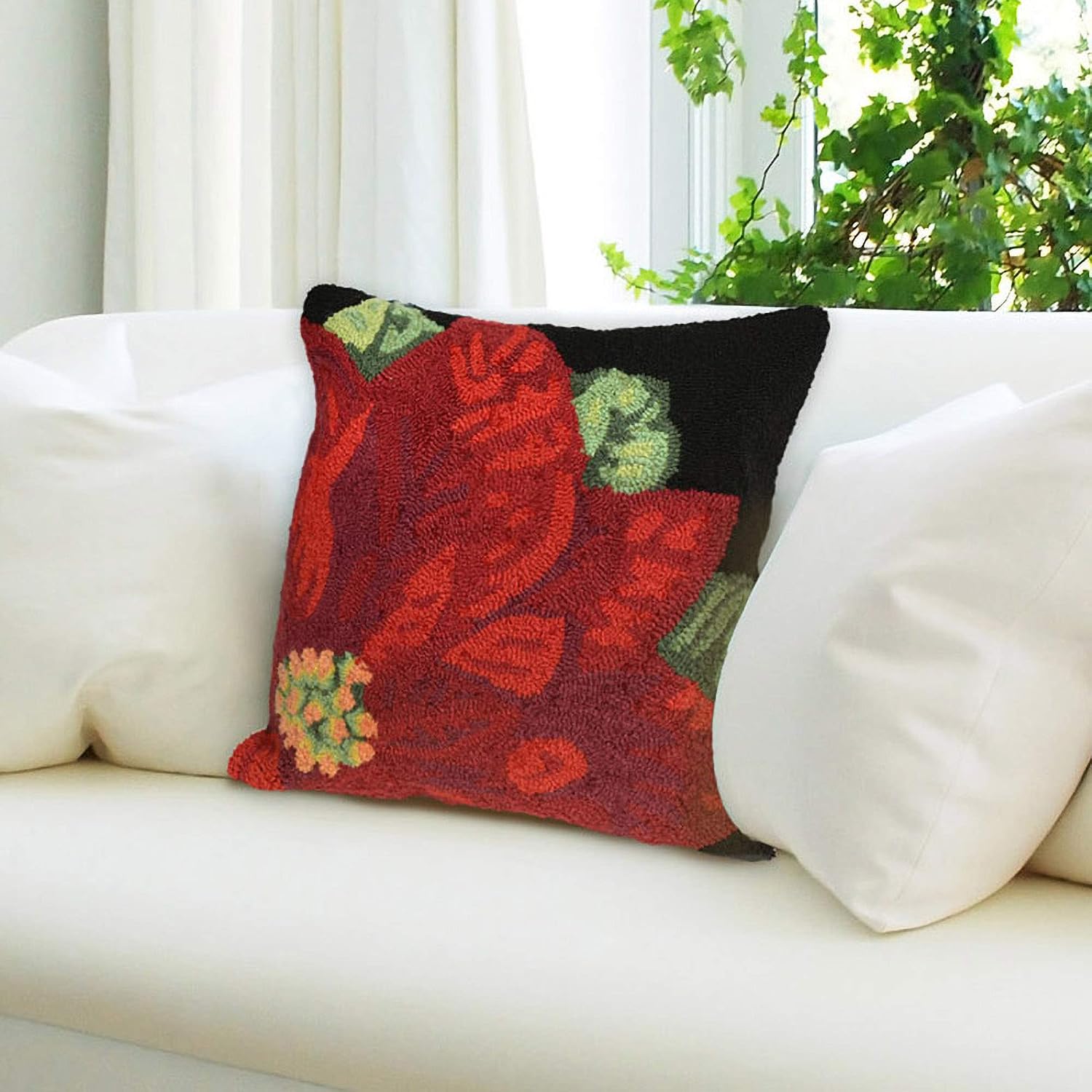 Liora Manne Frontporch Indoor/Outdoor Pillow, 18" Square, Poinsettia Black