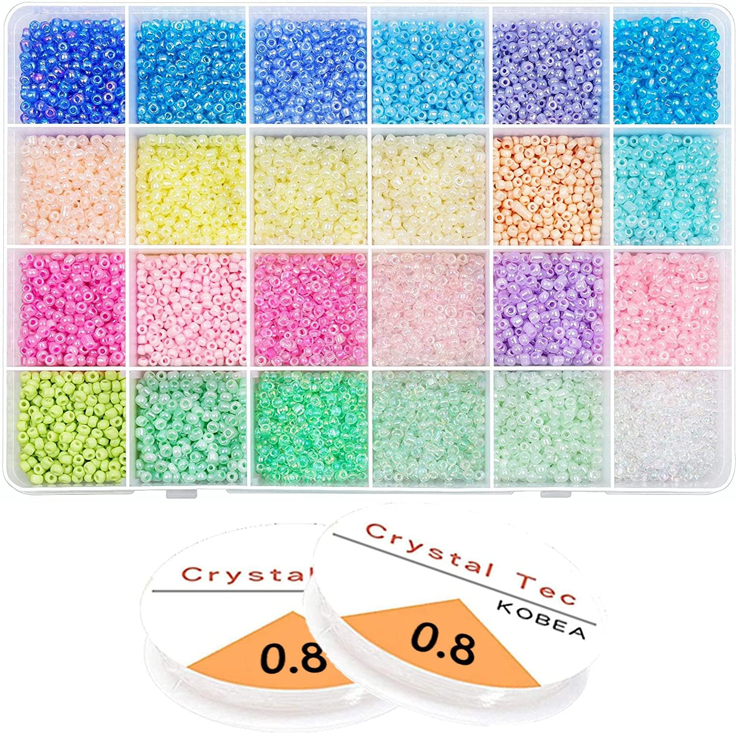 Glass Seed Beads Started Kit, 9600 Pcs 3mm 24-Grid Colored Small Craft Beads with 2 Rolls Elastic String, Mini Seed Beads Set for Finding DIY Art Crafts Jewelry Making Bracelets Beads
