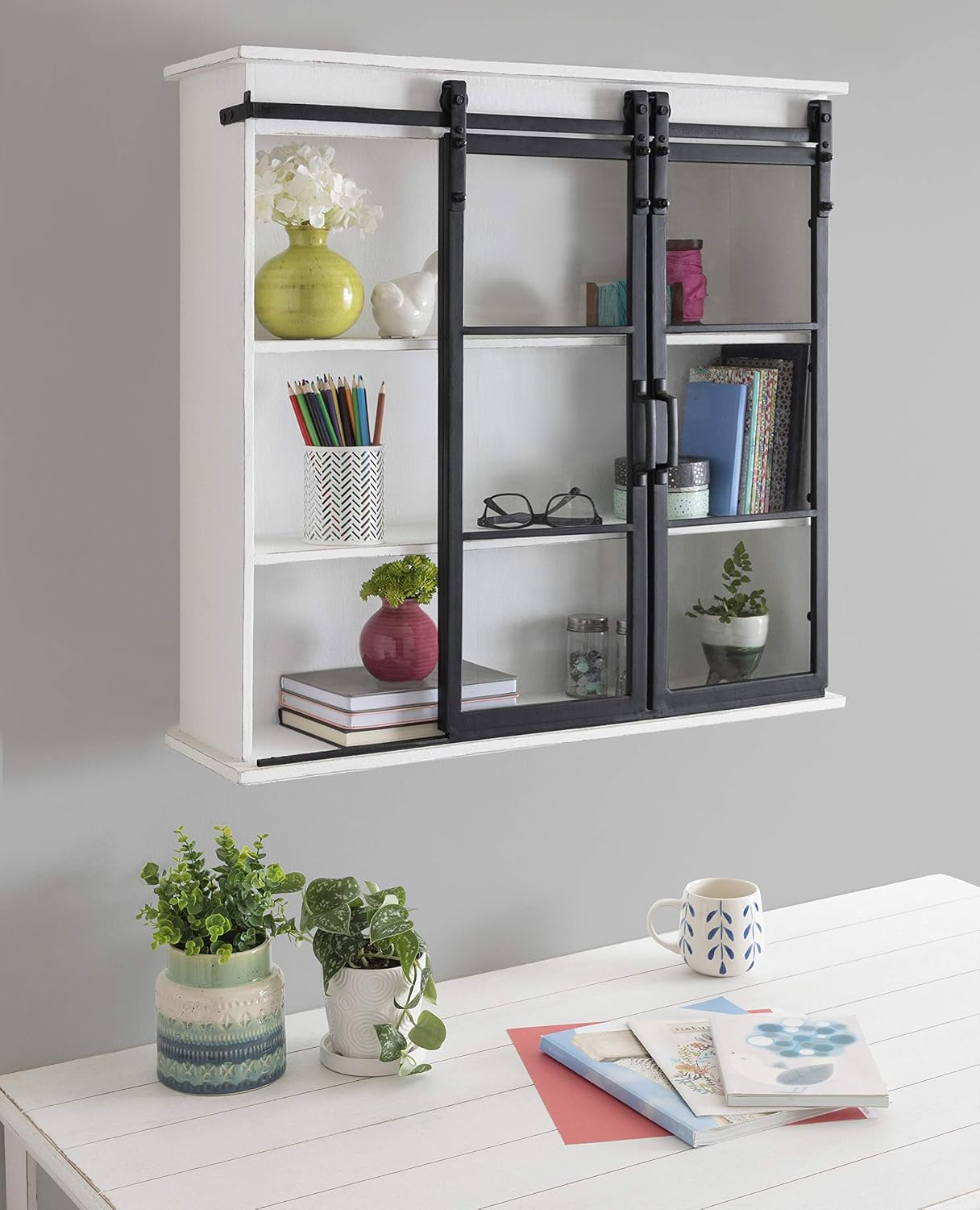 Kate and Laurel Barnhardt Decorative Wooden Wall Cabinet with Two Sliding Glass Doors, 30" x 28", White, Barndoor Modern Farmhouse Storage