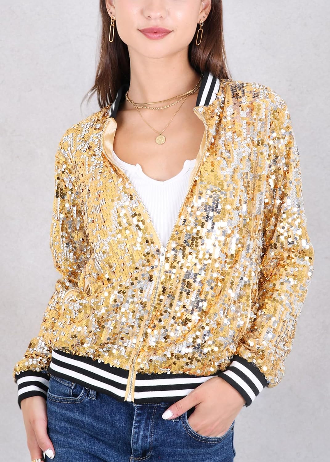 Anna-Kaci Womens Sequin Jacket Sparkle Long Sleeve Front Zip Casual Blazer Bomber Jacket With Pockets