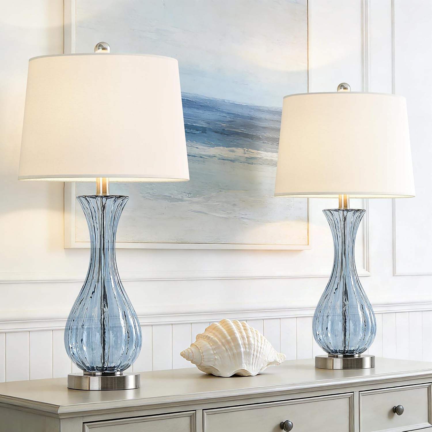 Maxax 25.5" Blue Table Lamps Set of 2 for Living Room, Coastal Glass Bedside Lamp with White Shade, Modern Bedroom Nightstand Lamps End Table Lamp for Office Entryway House Decor