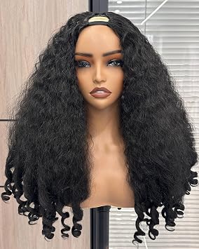 Afro V Part Wig Kinky Curly Wigs for Black Women, 180% Density Synthetic Kinky Curly Clip in Half Wig with Bouncy Curls #1B, 20 inch