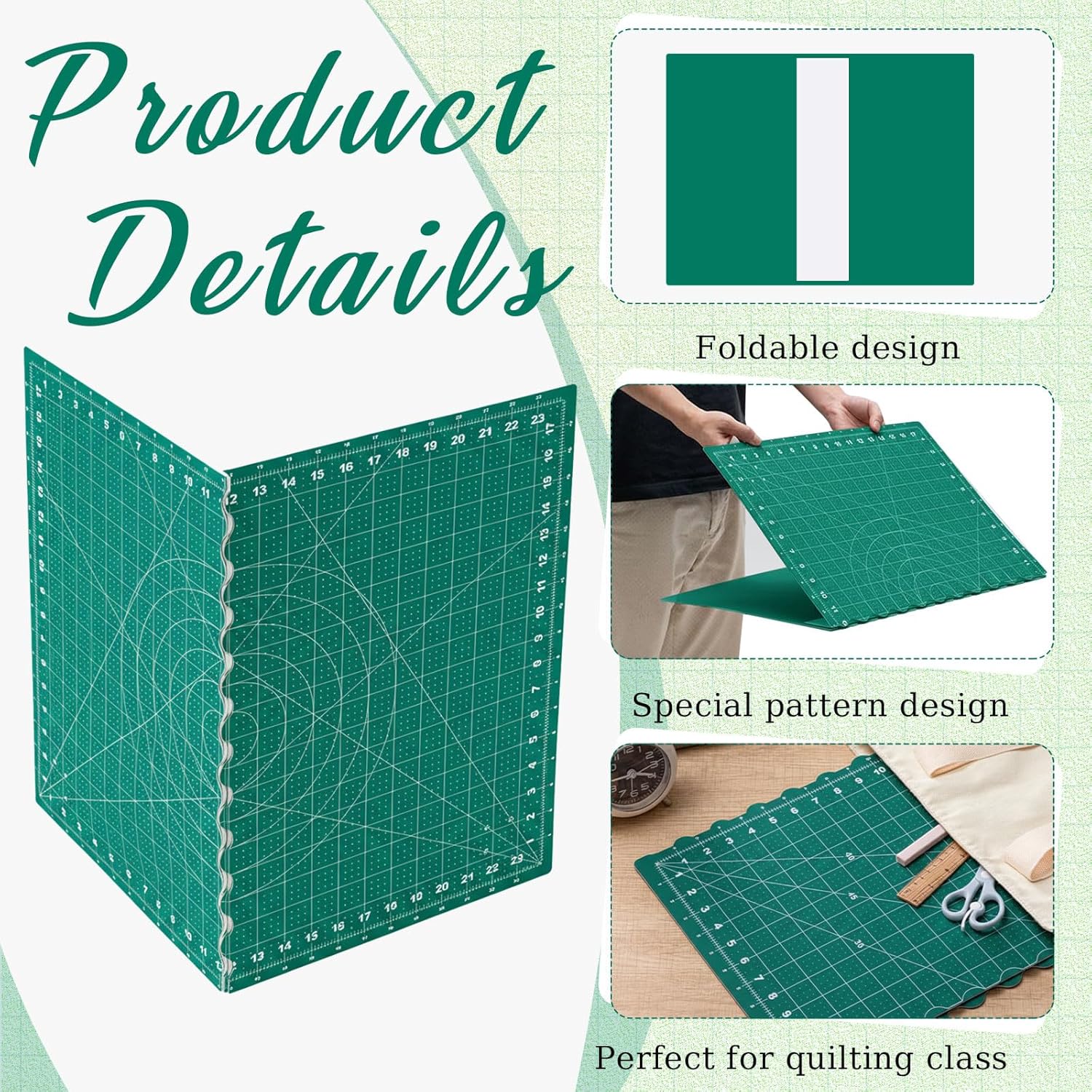 18" x 24" Self Healing Folding Cutting Mat with Grid for Quilting, Sewing, Craft Hobby Board Sewing Cutting Mat for Quilting, Leather, Fabric, Crafting, Scrapbooking, Art, Clay, Green