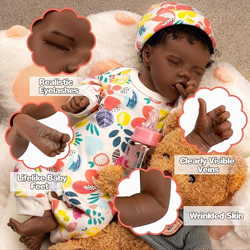 Miniatura 3 de UNIH Muñecas de bebé Reborn de 18 pulgadas, realista, recién nacida, suave, de cuerpo completo, muñecas afroamericanas realistas con ropa y kit de