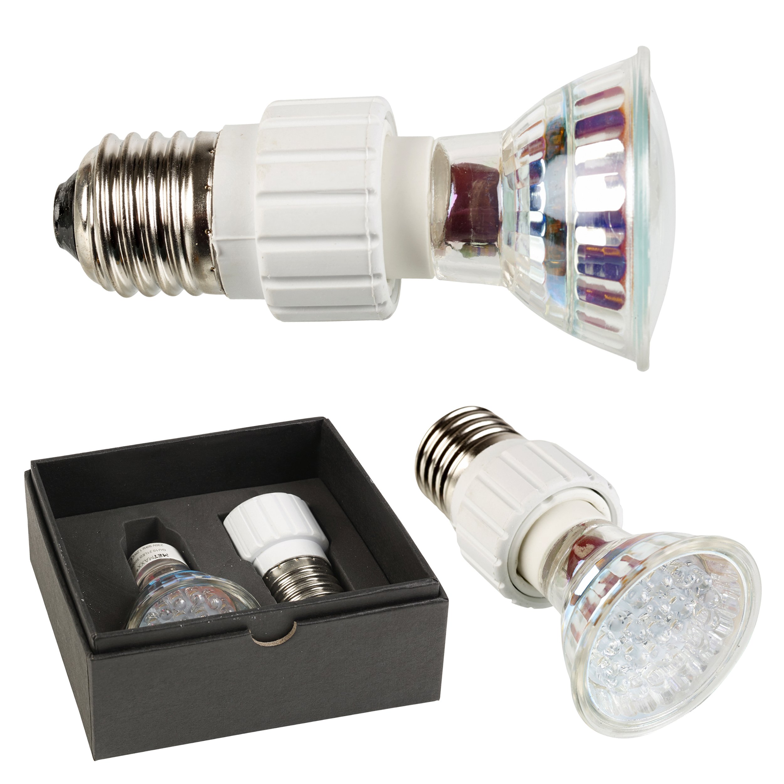 Metmaxx E27 Fitting Converter to GU10 & 21 LED Light 1.2w Long Life Bulb Box Set