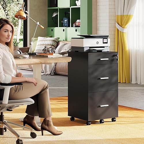 Miniatura 5 de DEVAISE Archivador de 3 cajones con cerradura, archivador de madera para tamaño cartaA4 para oficina en casa, color negro