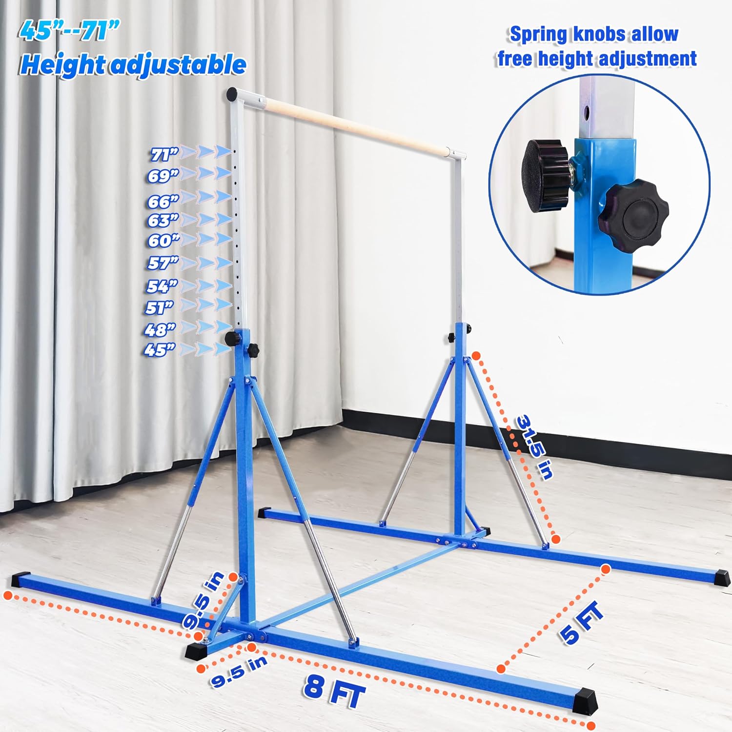 Foldable Gymnastics bar, Gymnastic Bar for Kids Ages 3-20,Gymnastic Kip Bar, 5.3FT/ 8FT Base Length,Adjutable from 35.4" to 59"/45" to 71",Kids Grils Home Gym Floor Equipment 4 Foldable Gymnastics bar, Gymnastic Bar for Kids Ages 3-20,Gymnastic Kip Bar, 5.3FT/ 8FT Base Length,Adjutable from 35.4" to 59"/45" to 71",Kids Grils Home Gym Floor Equipment - Image 2
