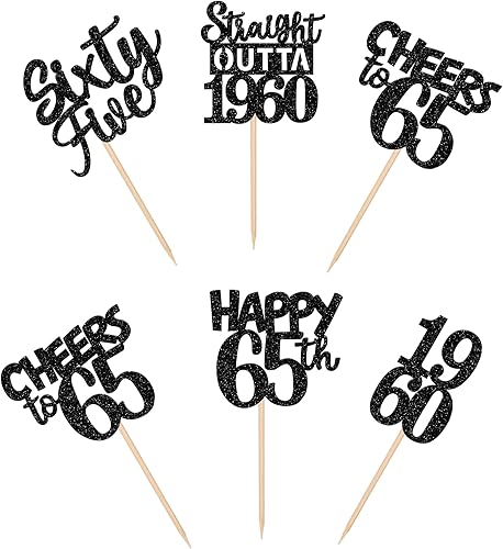 Miniatura 3 de 30 piezas negras para cupcakes de cumpleaños 65 con purpurina Sixty Five Happy 65th Straight Outta 1959 para magdalenas para saludos a 65 años 65