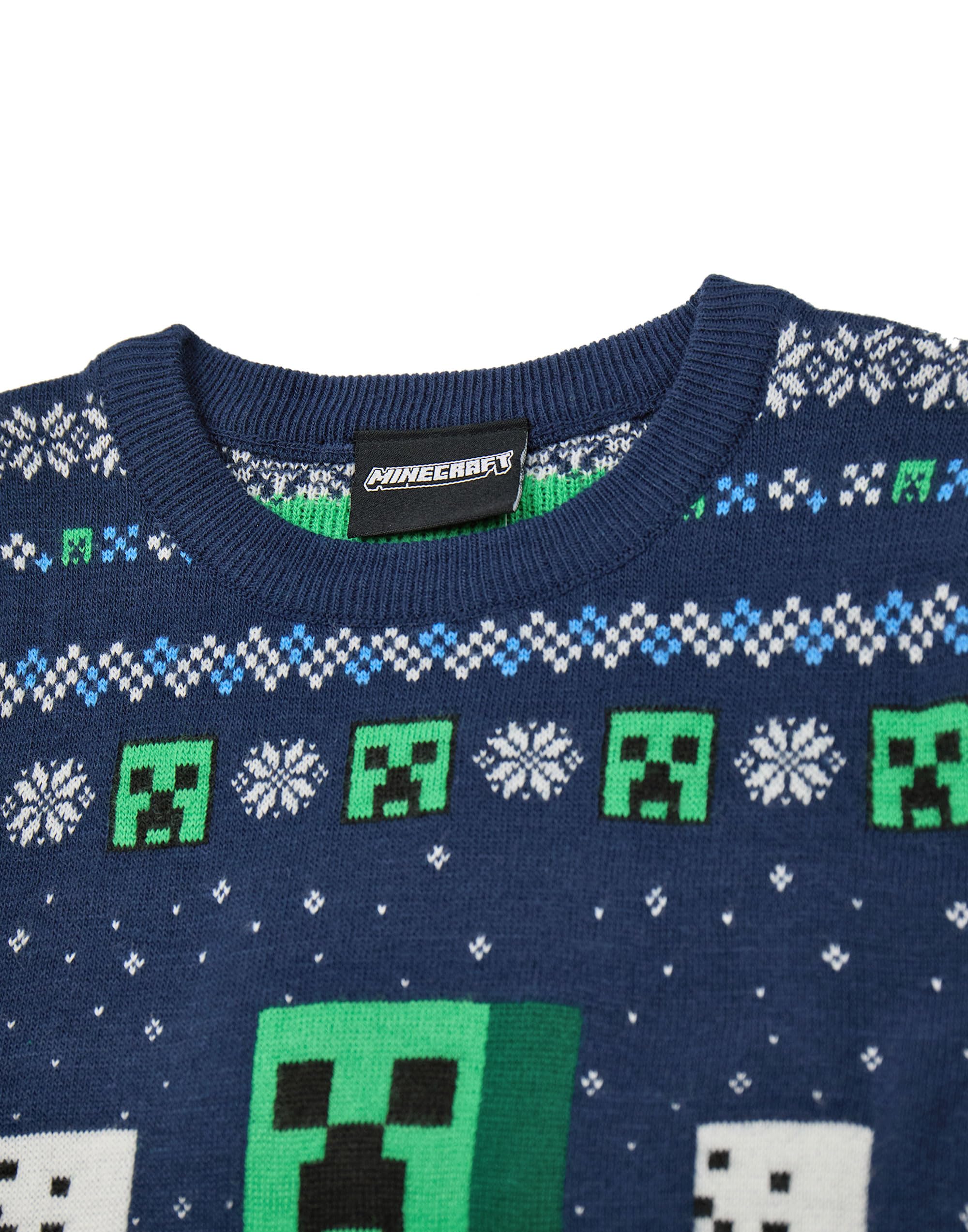Minecraft Pull de Noël pour garçons | Pull tricoté Graphique avec Personnages Creeper et Snow Golem pour Enfants Bleu | Pull Festif à Motif Selburose pour Enfants avec bonhommes de Neige