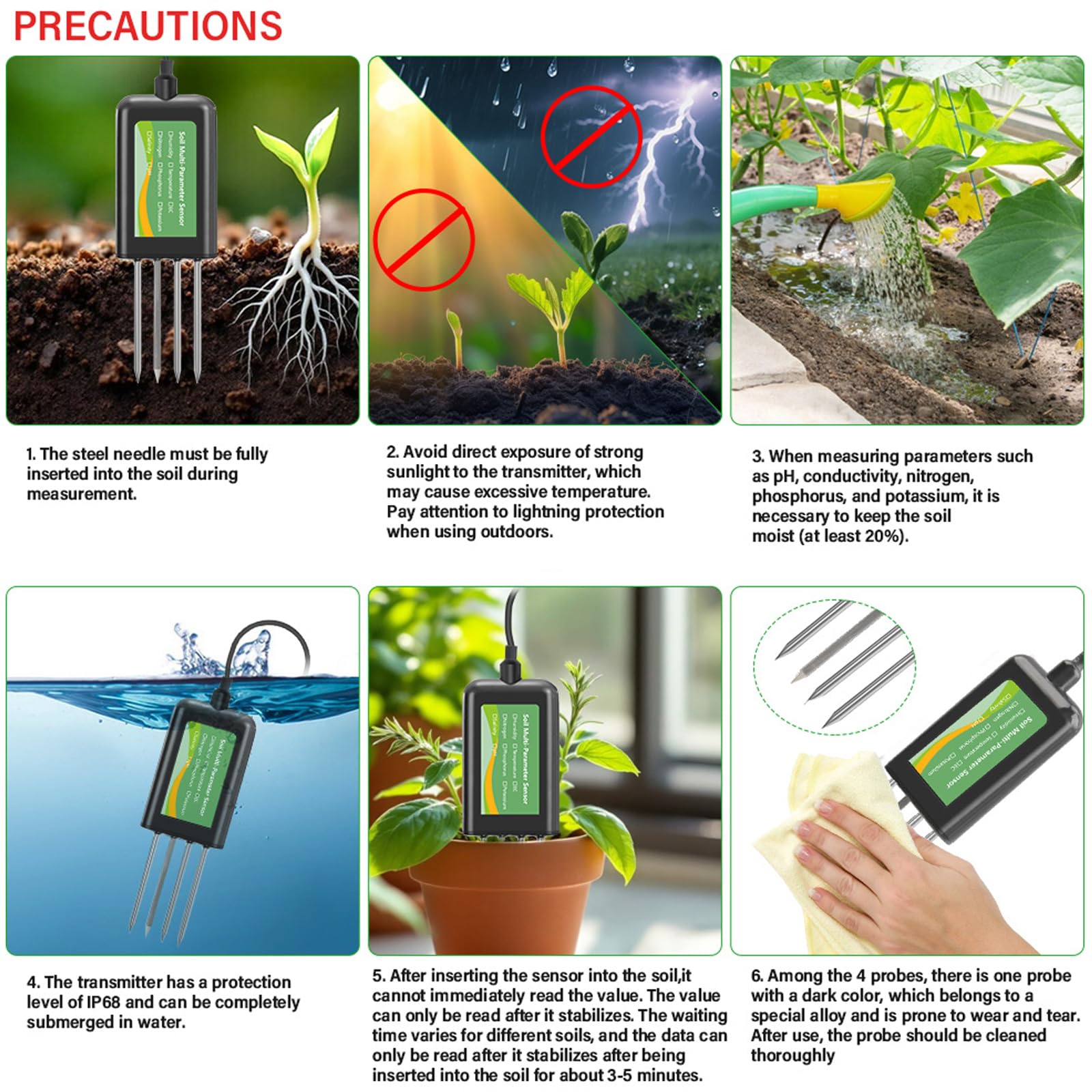 Détecteur d'eau de sol/température 8 fonctions avec sondes et interfaces informatiques pour horticulture/environnement Humidimètre pour plante
