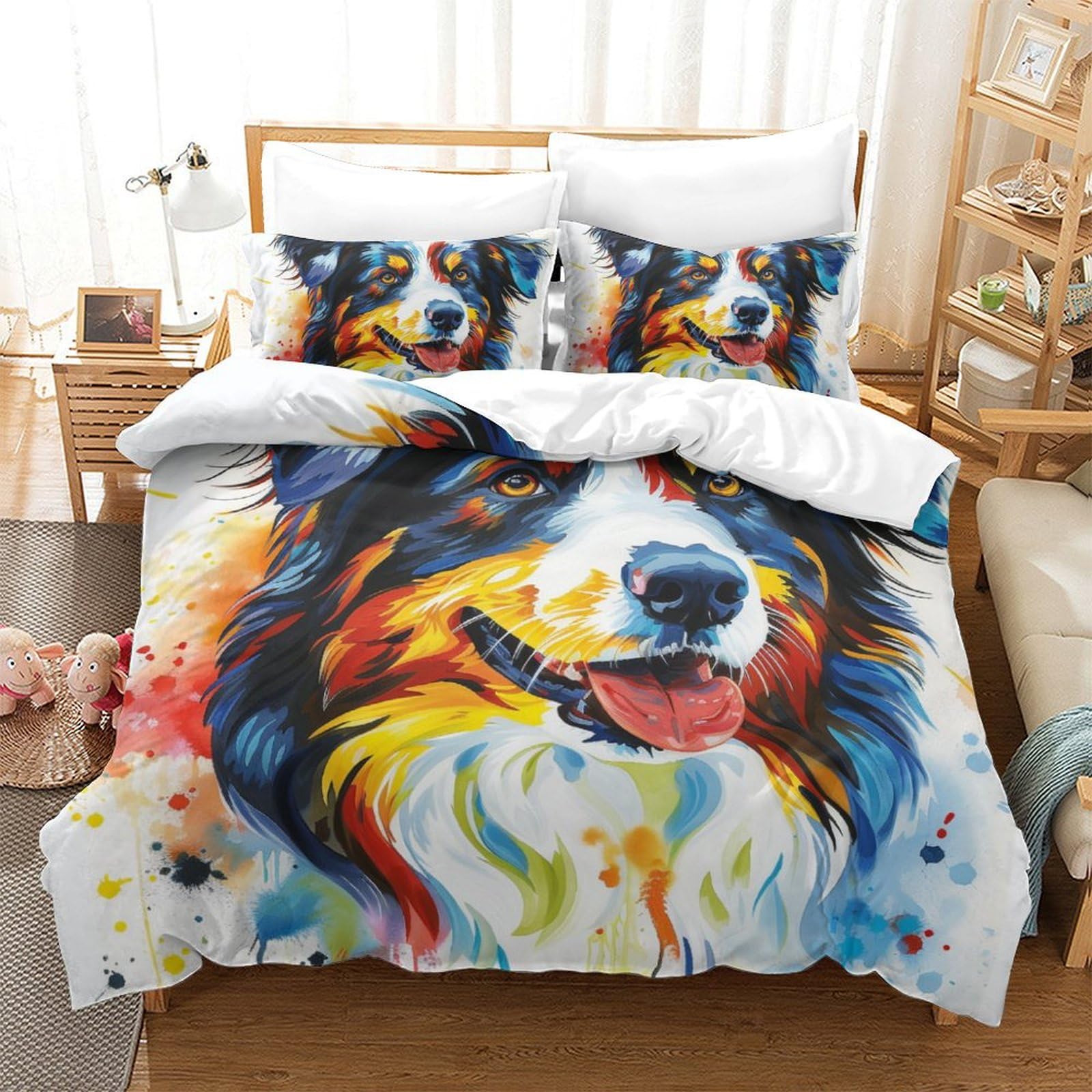 Housse de couette chien 3D SheepLe 220x240 cm avec taies d'oreiller en microfibre pour lit King