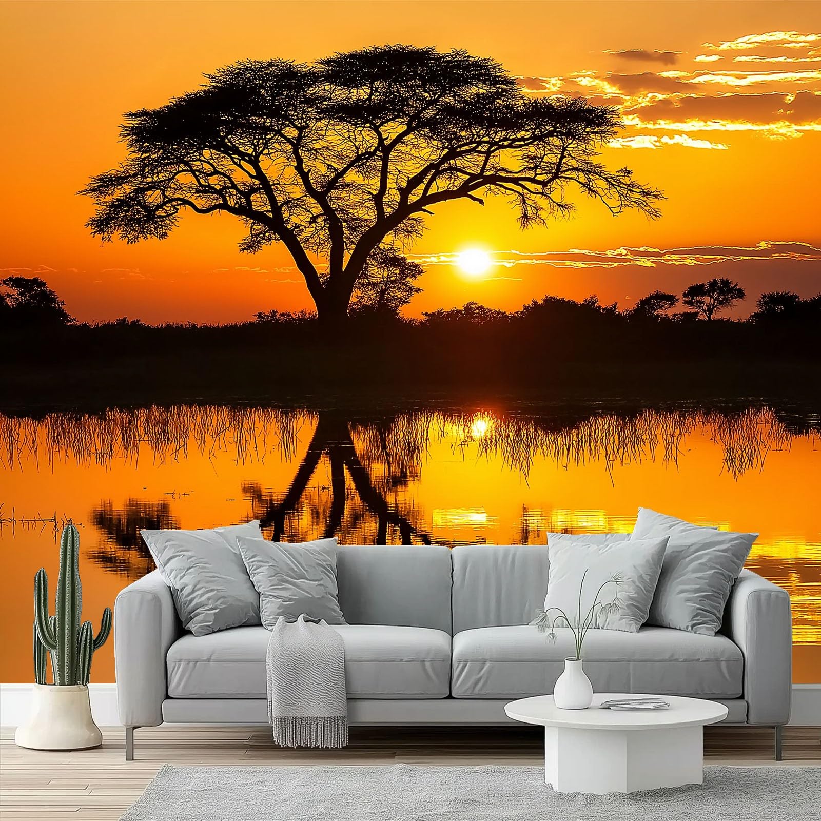 Fotomural de tejido no tejido 350x256 cm con diseño de árbol al atardecer para salón
