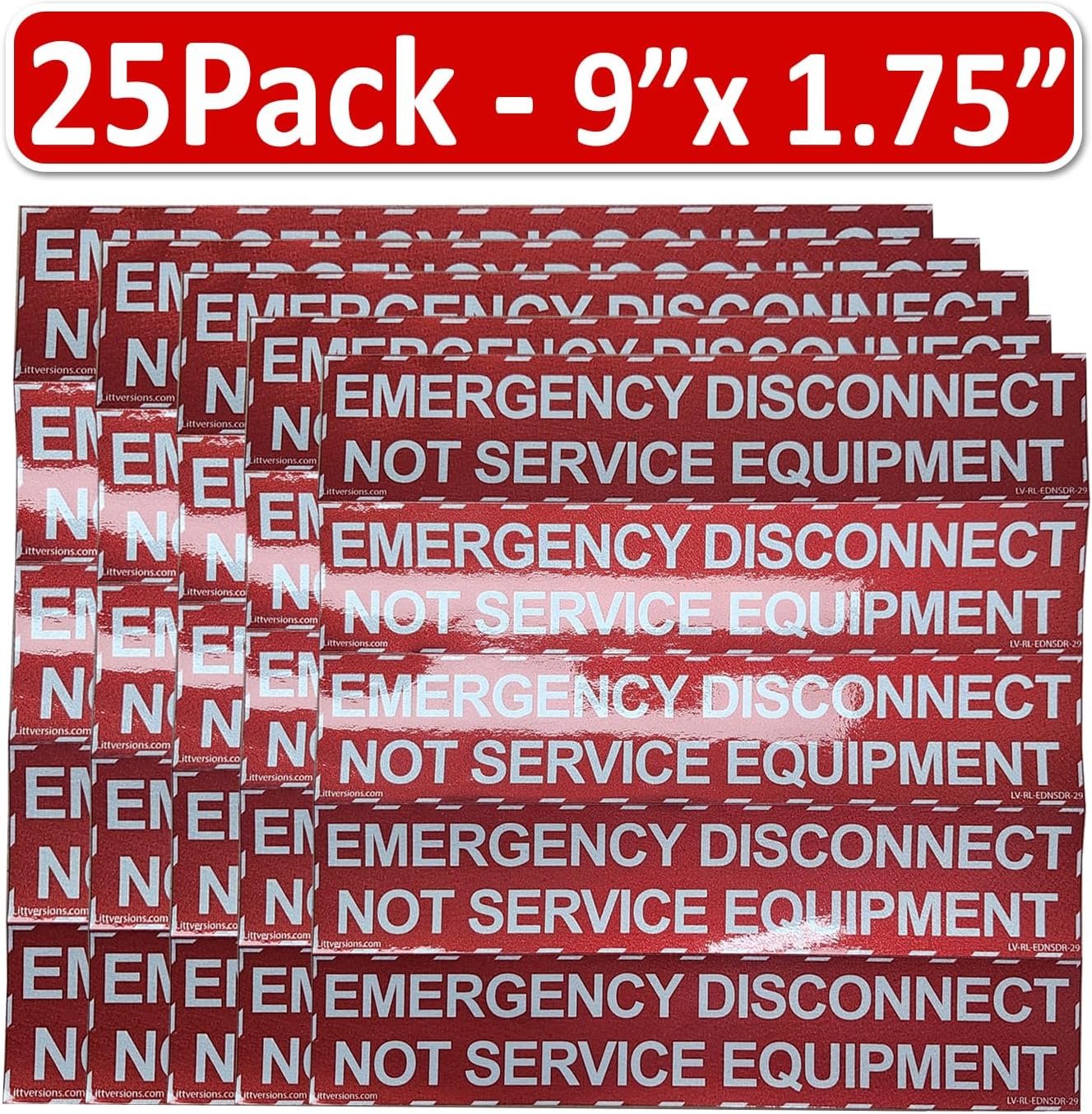 25 Pack Reflective 1-3/4"x 9" Emergency Disconnect NOT Service Equipment Labels Sign Notice Sticker Panel Heavy Duty Pressure Sensitive Vinyl Electrical 44-945 NEC Compliant