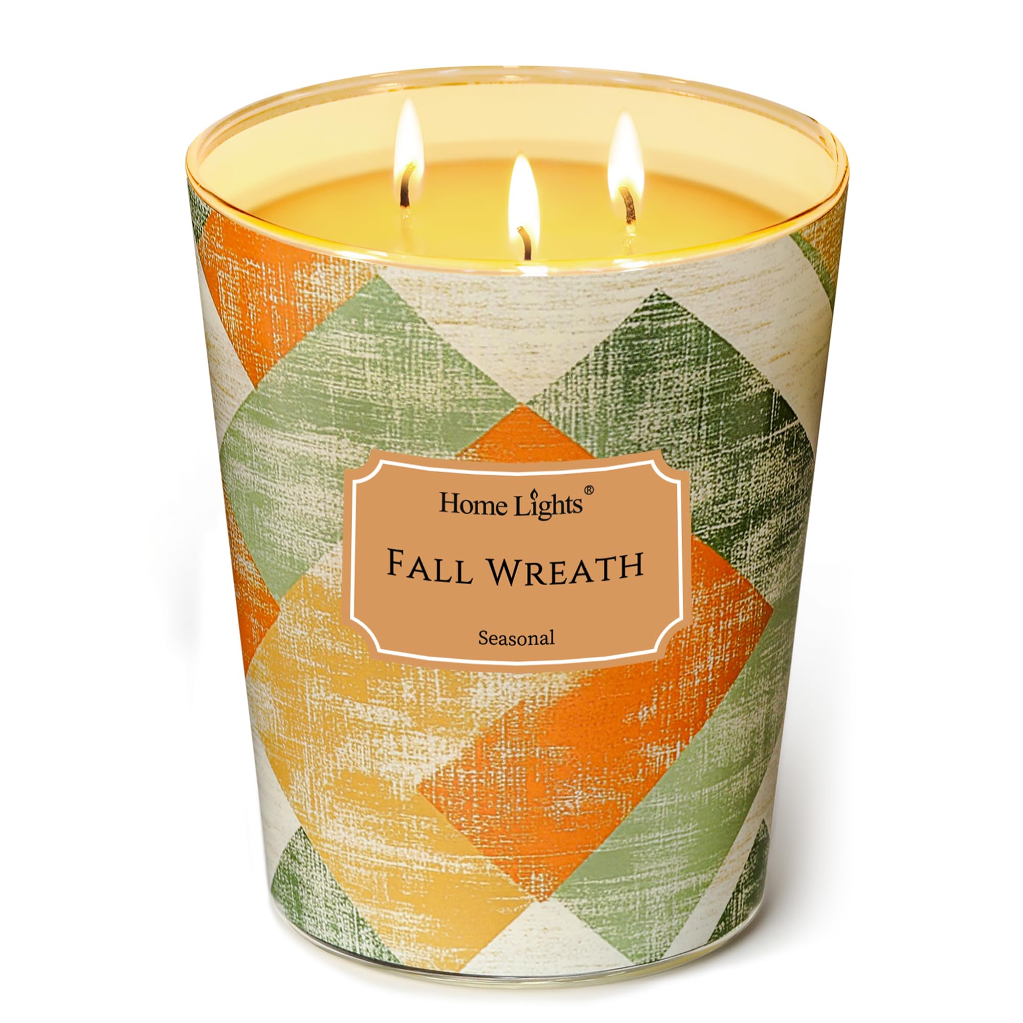 Home Lights Large jar Candle, 3-Wick Long-Lasting Scented Candles, 34oz Natural Soy Wax Candle for Home Scented, Rustic Modern Gifts for Women &amp; Men, Fall Wreath